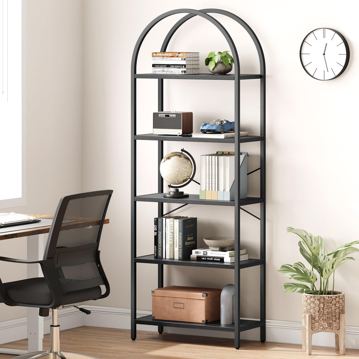 Garvee Étagère à 5 niveaux avec structure en métal, grande étagère ouverte, étagères arquées, noire pour salon et bureau