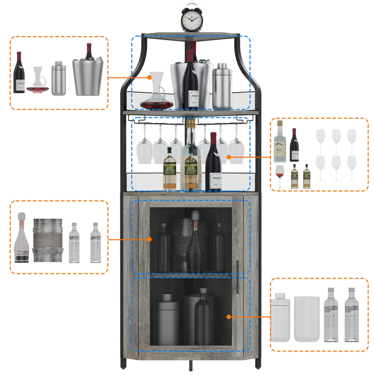 Garvee Meuble de rangement d'angle à 5 niveaux, étagères réglables, MDF et métal, porte coulissante de style grange, gris, pour cuisine et salle à manger, 47 × 45 × 154 cm