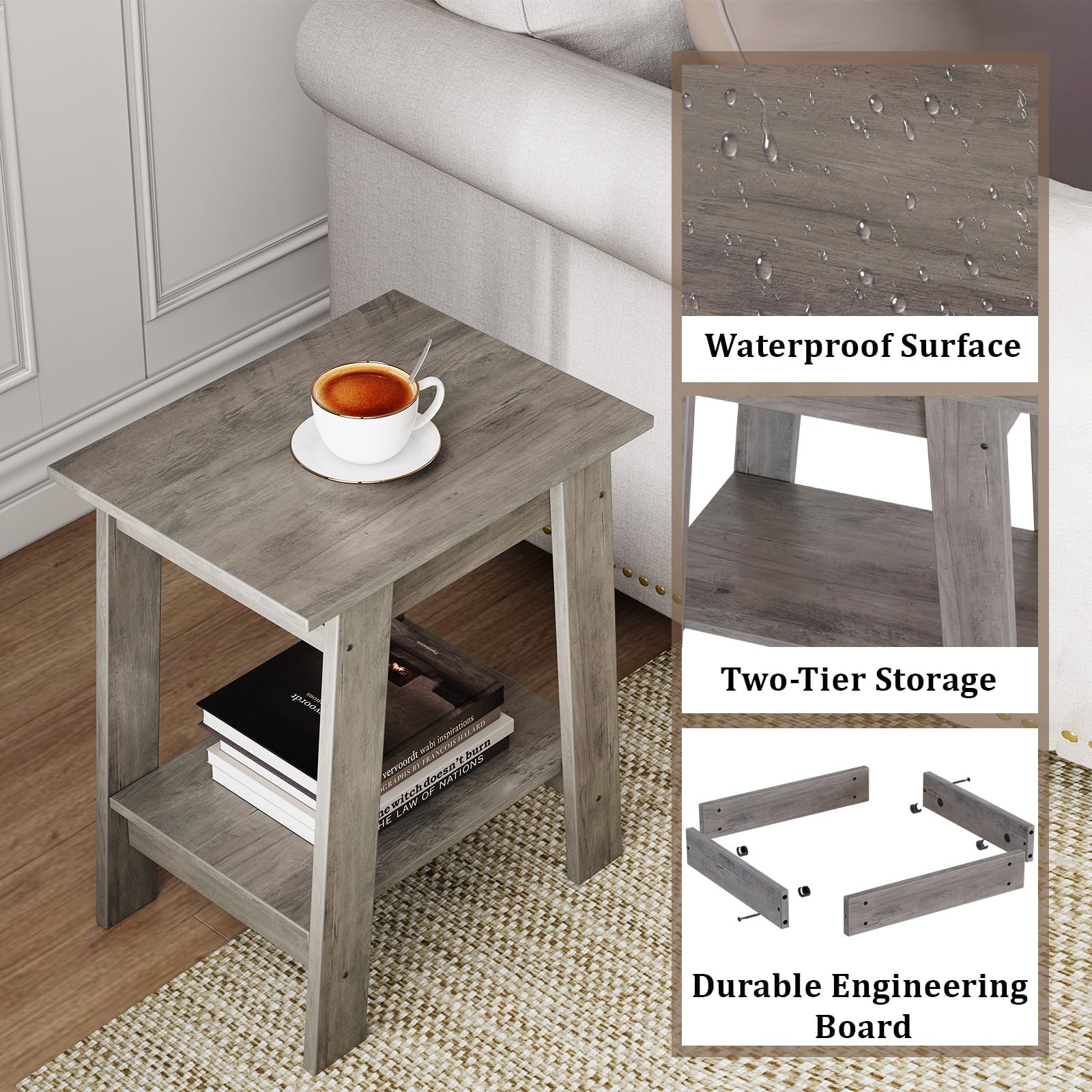 Ensemble de 2 tables d'appoint Garvee – 2 étagères, compactes, en bois et métal, robustes, grises