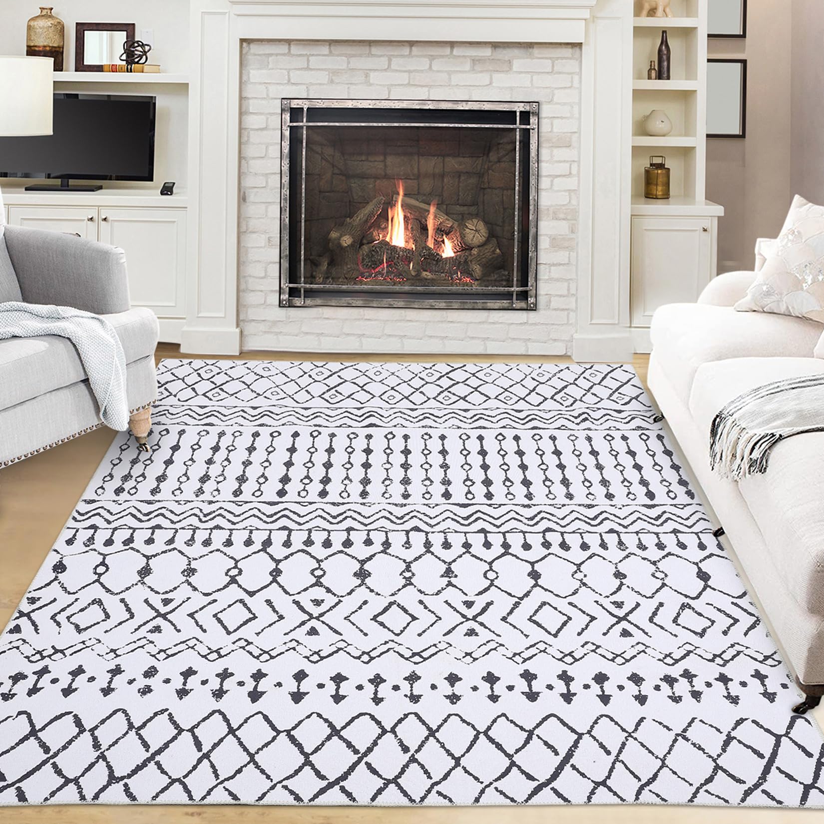 Tapis Garvee Boho imperméable, antidérapant et lavable à poils courts, motif losanges bohème, idéal pour le salon, la chambre ou la salle à manger. Motif losanges bohème.