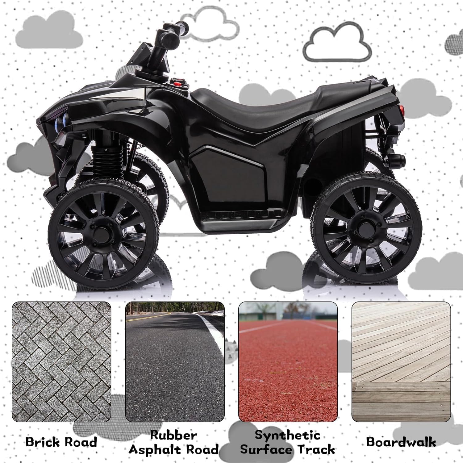 Garvee Quad électrique enfant 6 V avec éclairage LED, musique et conduite sécurisée, noir, dès 3 ans