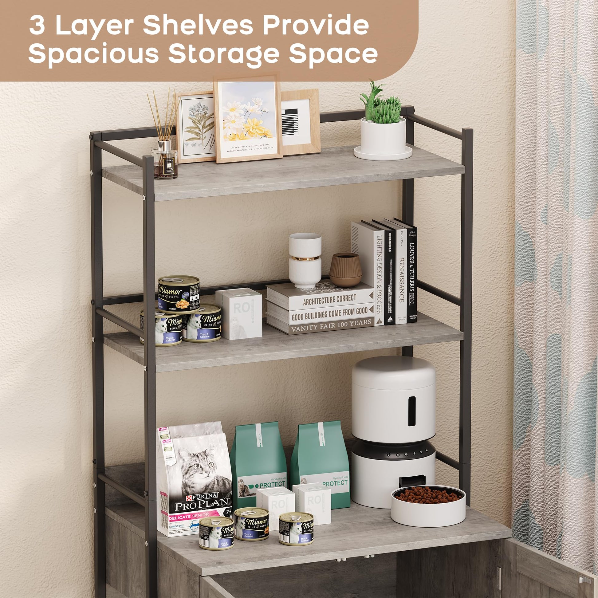 Meuble pour litière Garvee avec étagères de rangement, meuble 2 en 1 pour chat, MDF et fer, gris, pour usage intérieur, 3 étagères, robuste et sans odeur