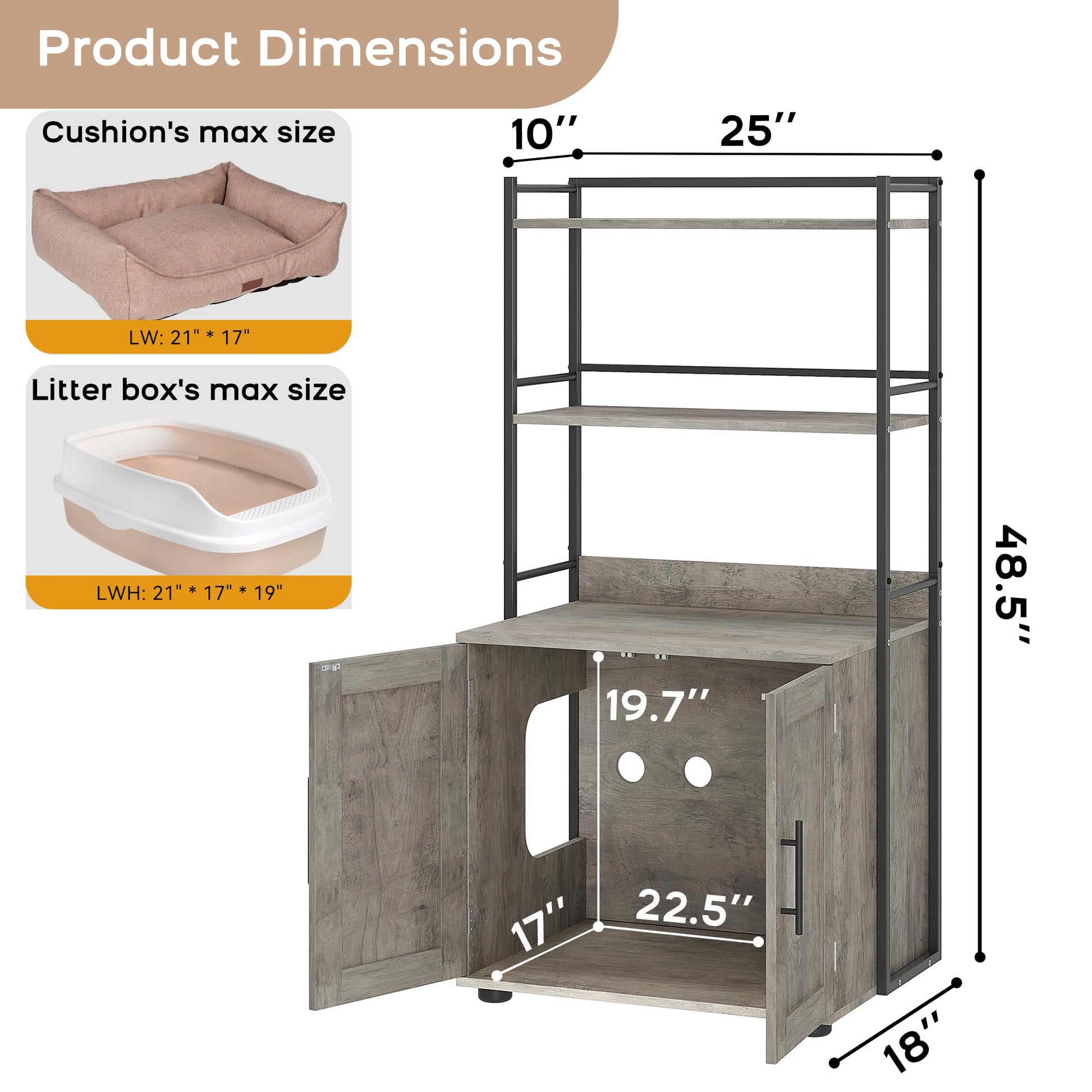 Meuble pour litière Garvee avec étagères de rangement, meuble 2 en 1 pour chat, MDF et fer, gris, pour usage intérieur, 3 étagères, robuste et sans odeur