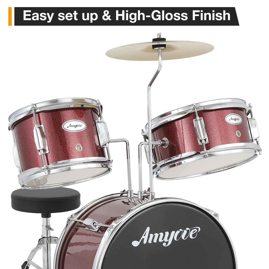 Garvee Batterie 3 pièces pour débutants avec cymbales et pédale de grosse caisse, pour chambre d'enfant, 74 cm (73,7 cm), rouge