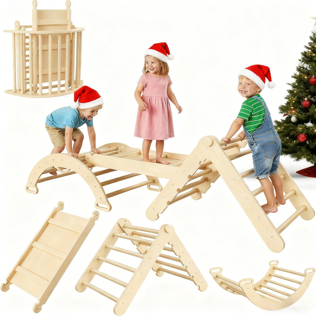 Ensemble triangulaire Garvee Pikler 7 en 1, jouet d'escalade pliable en bois de style Montessori pour bébés et jeunes enfants, 54 cm (21,3 po) de hauteur, couleur naturelle.
