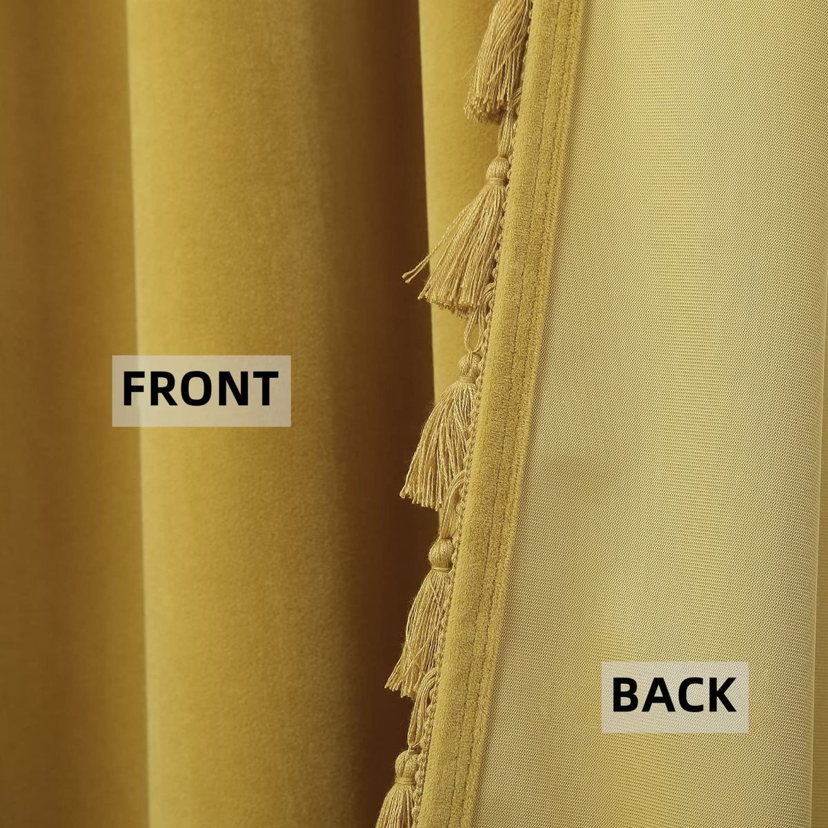 Rideaux Garvee en velours jaune 107 x 244 cm, occultants et insonorisants, 100 % polyester, style bohème, à pompons, pour salon ou chambre.