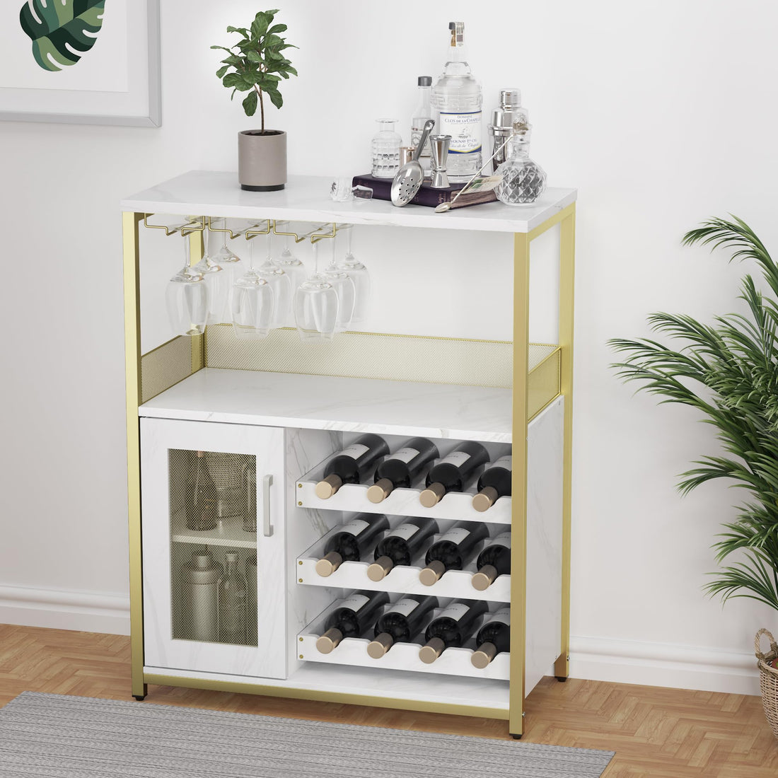 Garvee Meuble bar cave à vin 69×35×92cm, casier à bouteilles amovible, porte-verres, structure MDF et fer doré, pour salon, salle à manger et bar