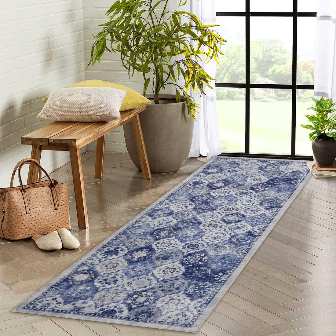 Tapis vintage Garvee grand format 60x180cm, doux, lavable, antidérapant, en polyester à poils courts, pour salon et chambre.
