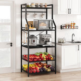 Étagère de cuisine Garvee Bakers Rack à 5 niveaux, 2 paniers métalliques, 8 crochets, en MDF et acier robustes, noir rustique, idéale pour la cuisine et le coin café. - rouge