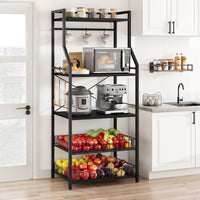 Étagère de cuisine Garvee Bakers Rack à 5 niveaux, 2 paniers métalliques, 8 crochets, en MDF et acier robustes, noir rustique, idéale pour la cuisine et le coin café.