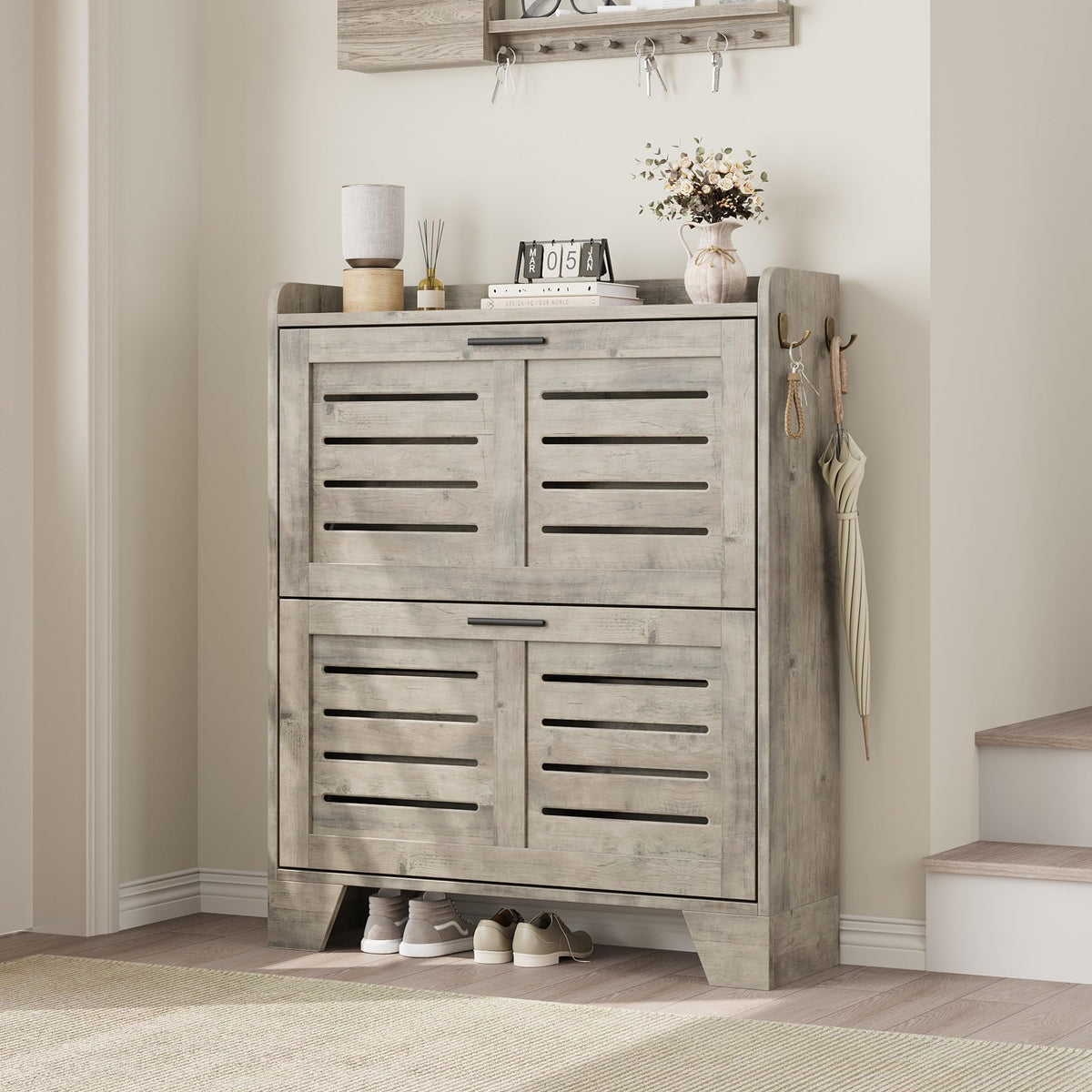 Garvee meuble à chaussures pour entrée, avec 2 tiroirs abattants, en bois vert p2, ventilé, résistant aux rayures, étroit, profondeur 35 cm