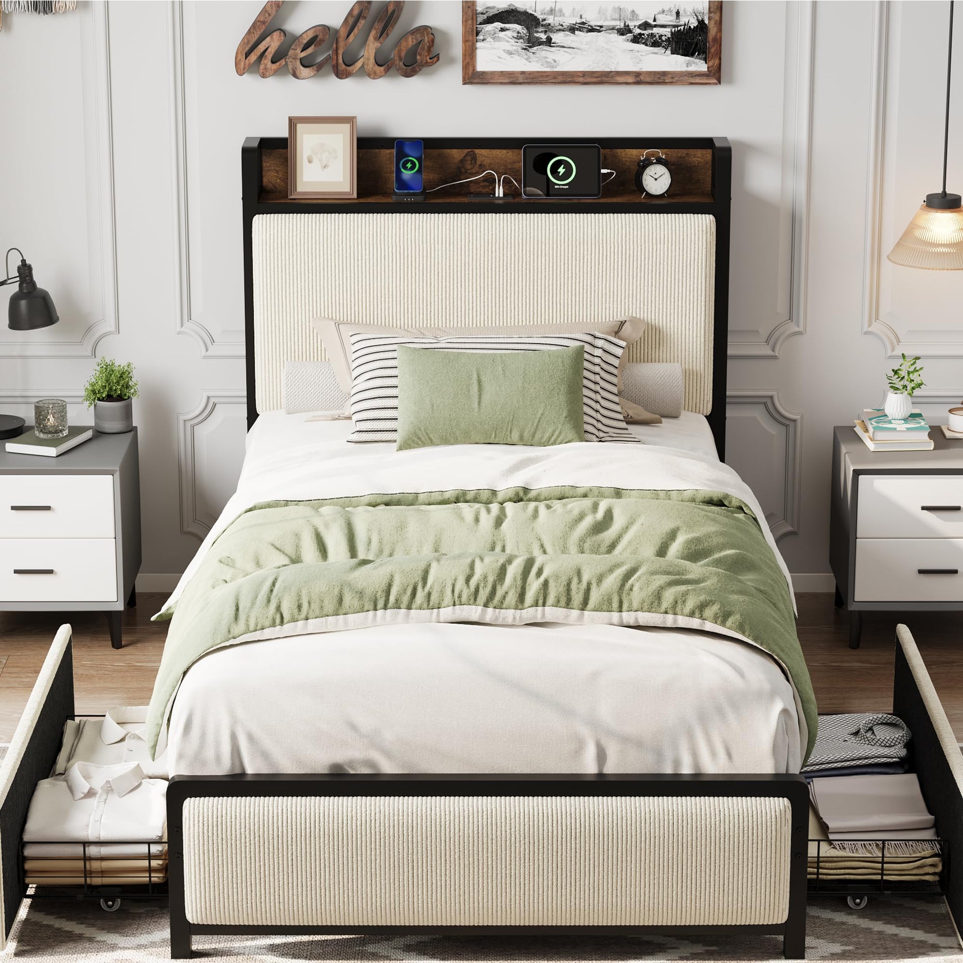 Cadre de lit Garvee pour lit simple avec 2 tiroirs et station de recharge pour chambre à coucher, beige, silencieux, structure en métal, revêtement en velours