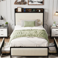 Cadre de lit Garvee pour lit simple avec 2 tiroirs et station de recharge pour chambre à coucher, beige, silencieux, structure en métal, revêtement en velours