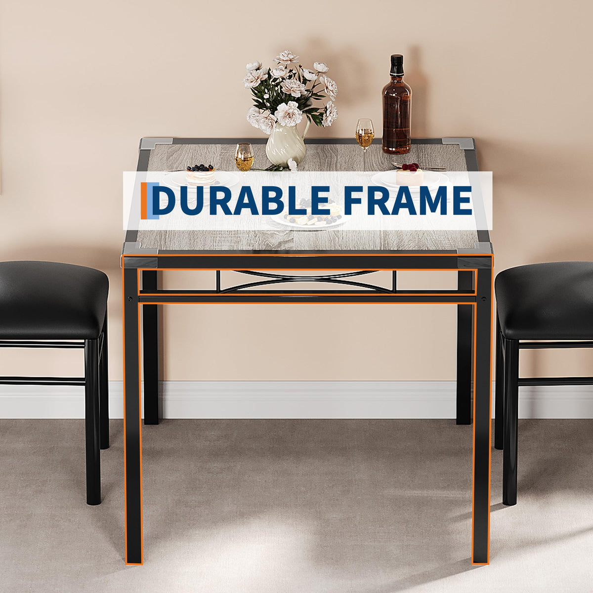 Ensemble table et chaises Garvee pour 2 personnes avec chaises rembourrées, protections d'angle, ergonomique, en MDF, structure en acier, gris rétro, compact pour cuisine et appartement