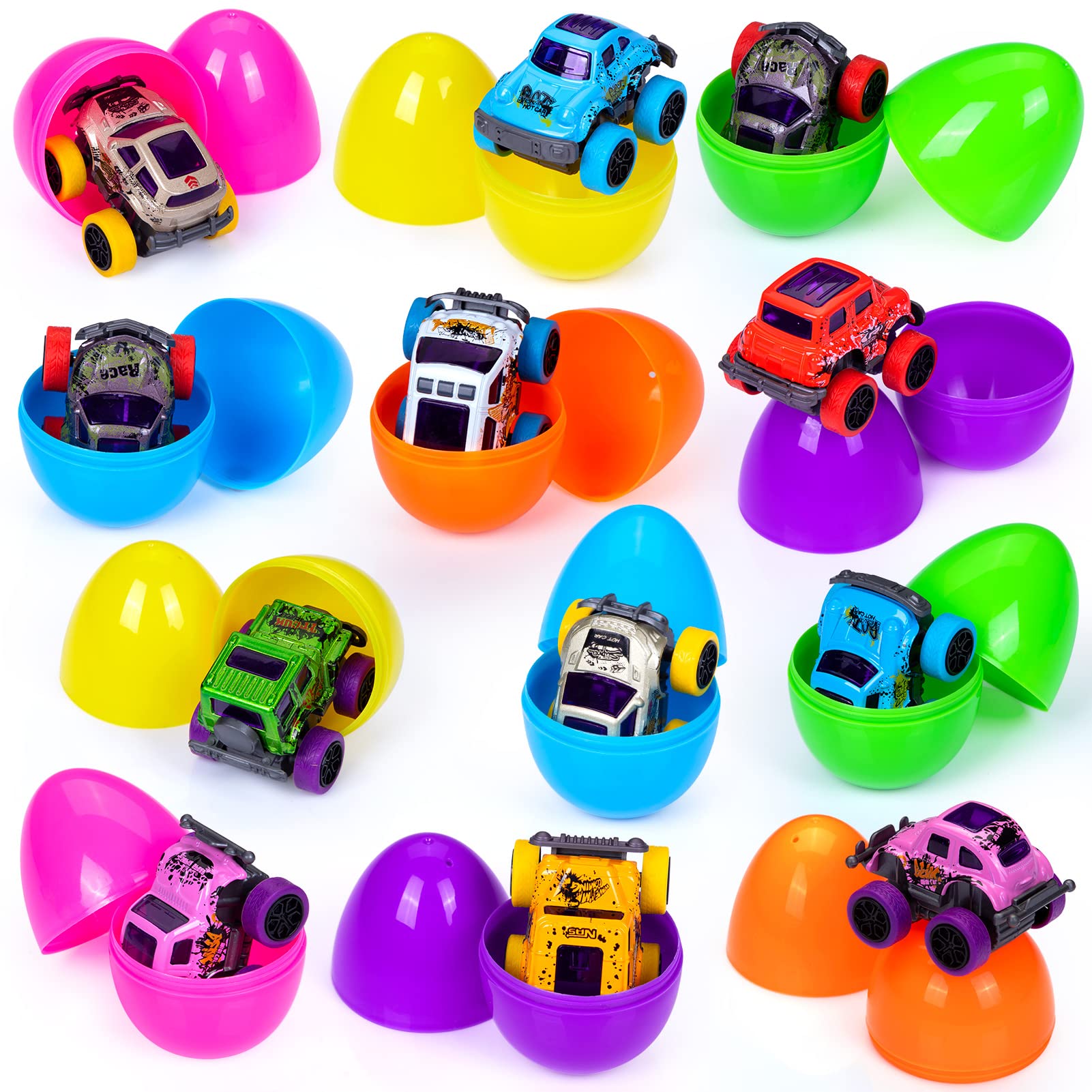Garvee - Lot de 12 œufs de Pâques avec camions monstres à rétrofriction, motifs graffiti colorés, 7,9 cm x 5,3 cm, multicolores, idéal pour la chasse aux œufs de Pâques et les fêtes d'enfants.