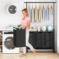 Trieur à linge Garvee avec roulettes et barre de suspension, panier à linge à 3 compartiments, tissu Oxford, marron rustique, pour buanderie