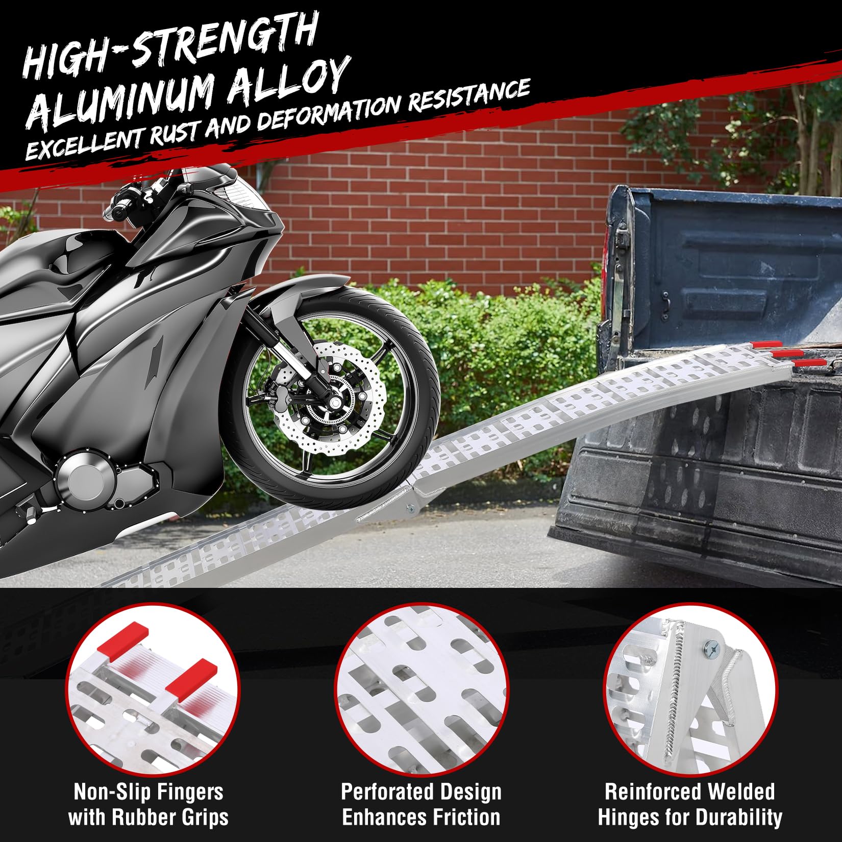 Rampe de chargement Garvee pour moto, 340 kg (750 lb), pliable en aluminium, antidérapante, avec sangles de sécurité, pour pick-up, remorque, quad, moto, jardinage, 226 x 28 cm (89 x 11 pouces), argent