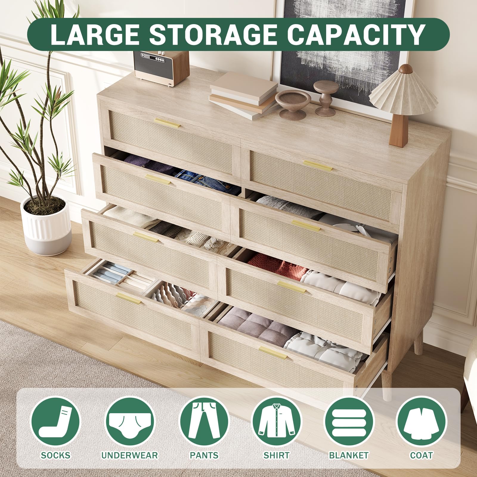 Commode Garvee en rotin à 8 tiroirs, spacieuse et robuste, pour chambre et entrée, coloris naturels