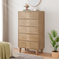 Commode Garvee à 5 tiroirs, motif vintage, en MDF, poignées dorées, idéale pour la chambre et le salon. Grande taille et résistante.