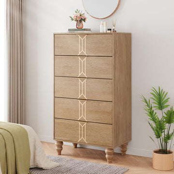 Commode Garvee à 5 tiroirs, motif vintage, en MDF, poignées dorées, idéale pour la chambre et le salon. Grande taille et résistante.