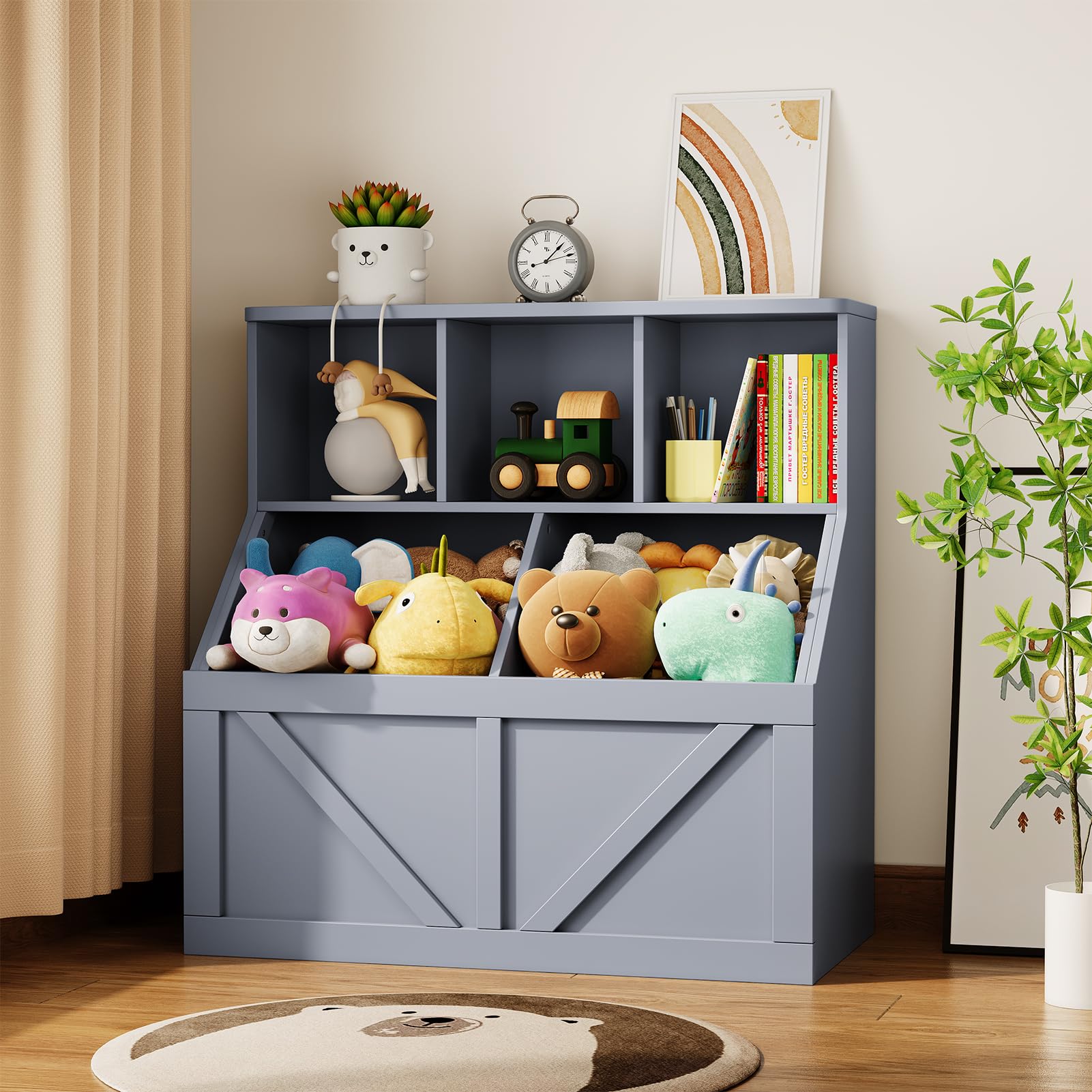 Étagère et rangement pour jouets Garvee pour enfants, avec 3 étagères ouvertes et 2 grands compartiments, gris, pour chambre d'enfant et salle de jeux, robuste et sécuritaire, en MDF, 90 x 42 x 92 cm