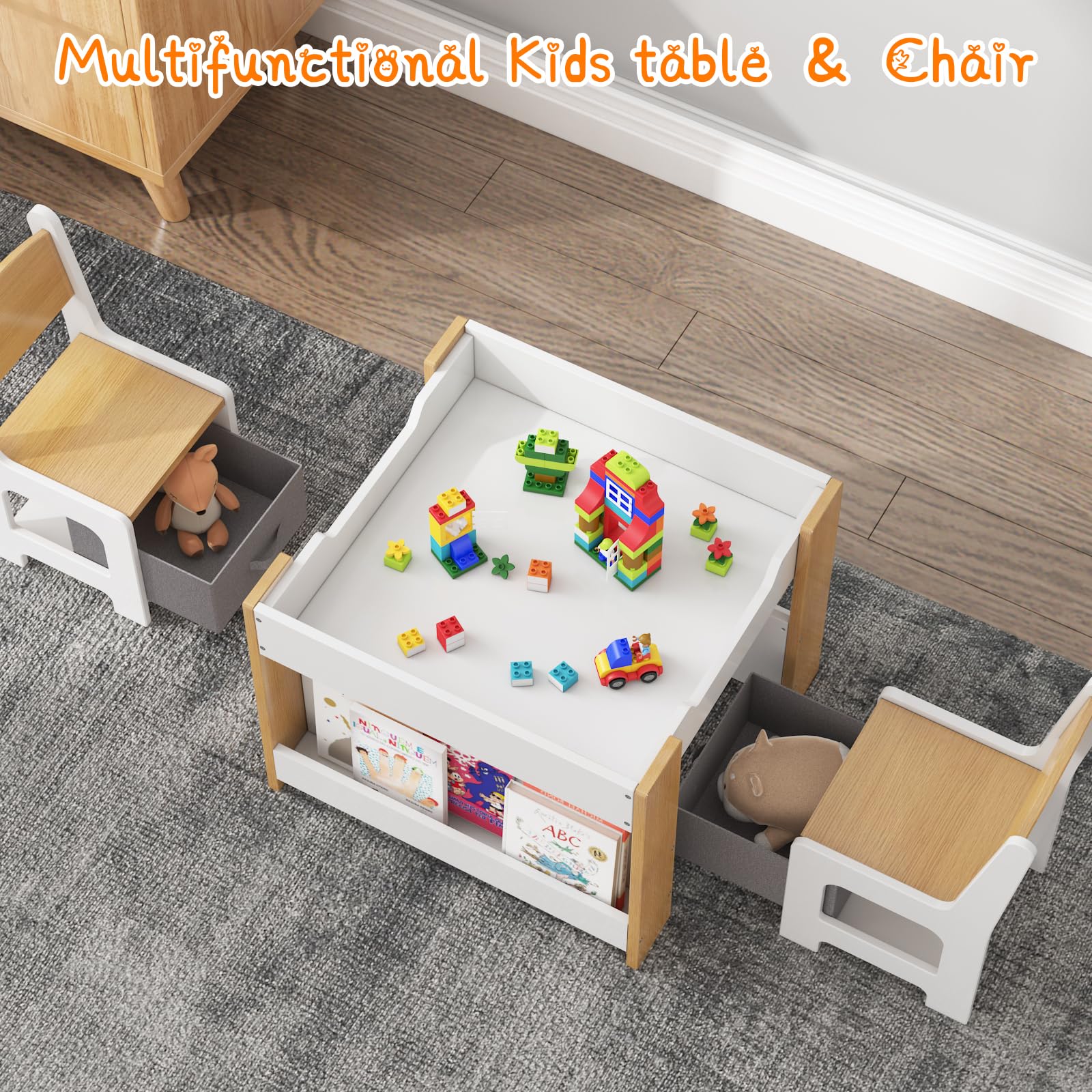 Ensemble table et chaises pour enfants Garvee 4 en 1, table d'activités avec rangement, bois, multifonctionnelle, sûre, pour chambre d'enfant