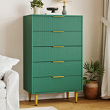 Garvee Commode Flûtée 5 Tiroirs Vert, MDF Résistant, Poignées Dorées, Pieds Solides Pour Chambre & Salon, 30x18x48 in - 