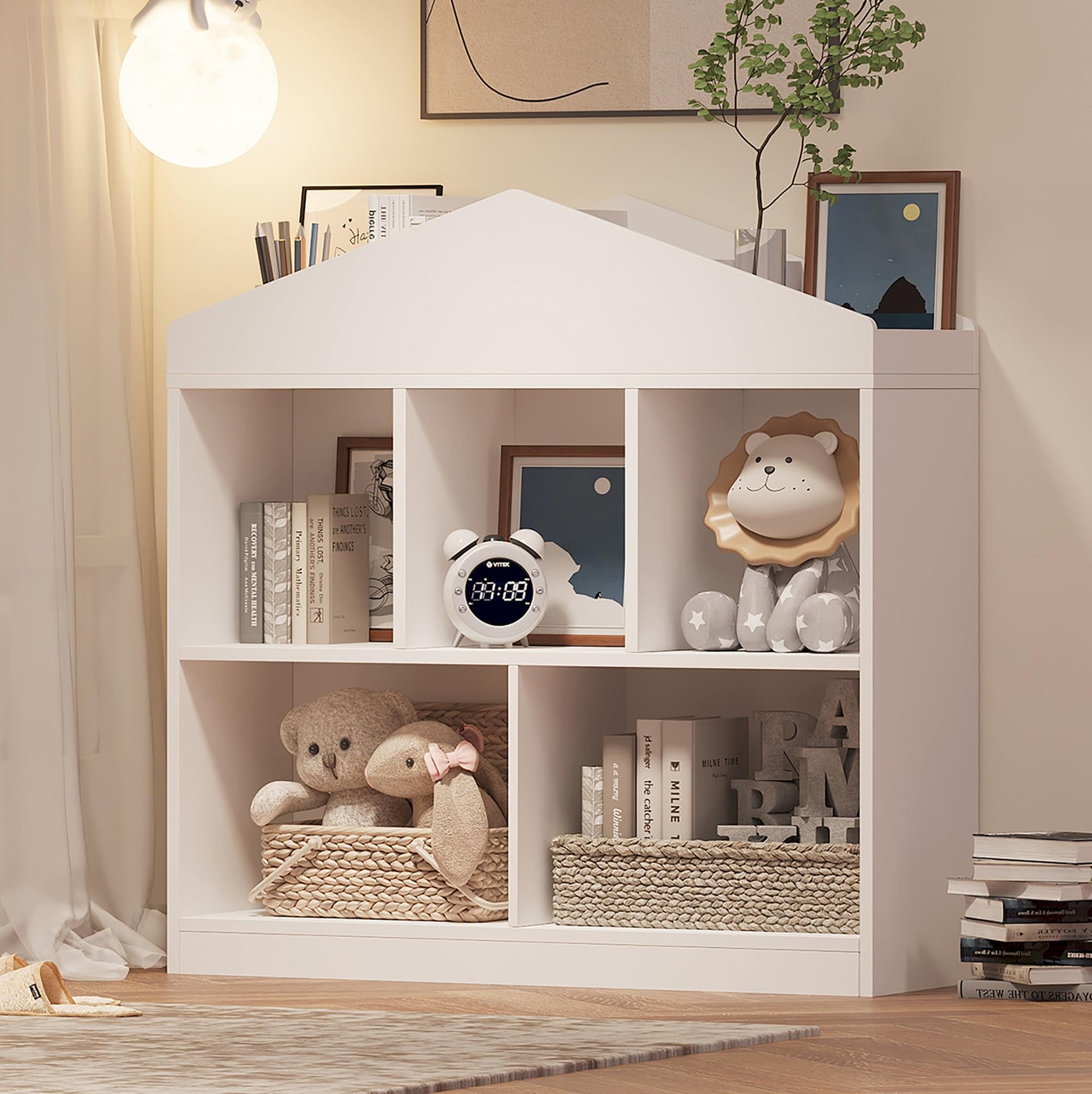 Étagère à jouets Garvee à 5 niveaux avec toit décoratif – Étagère de rangement en bois blanc pour chambres d'enfants, 90 x 90 x 30 cm