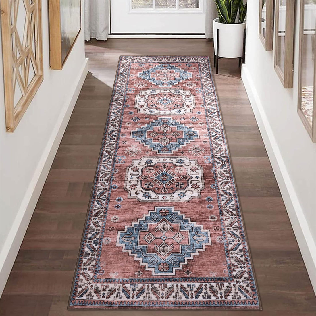 Tapis de salon vintage Garvee, doux, lavable, style campagnard oriental, rose, 60 x 230 cm