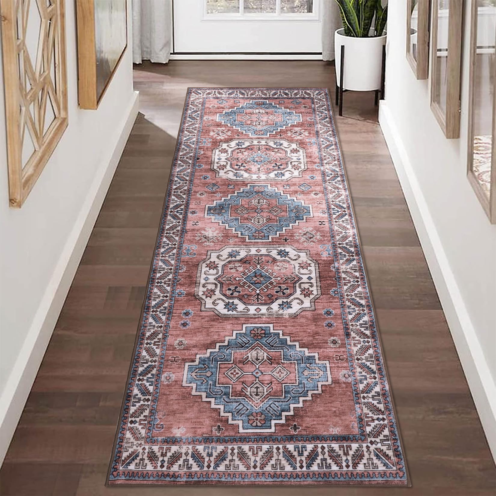 Tapis de salon vintage Garvee, doux, lavable, style campagnard oriental, rose, 60 x 230 cm