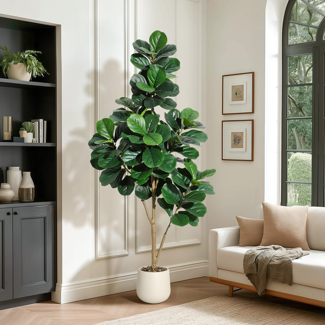 Ficus lyrata artificiel Garvee de 1,8 m (6 pi) avec 108 feuilles, pot blanc de 23 cm (9 po), pour salon et bureau, facile d'entretien