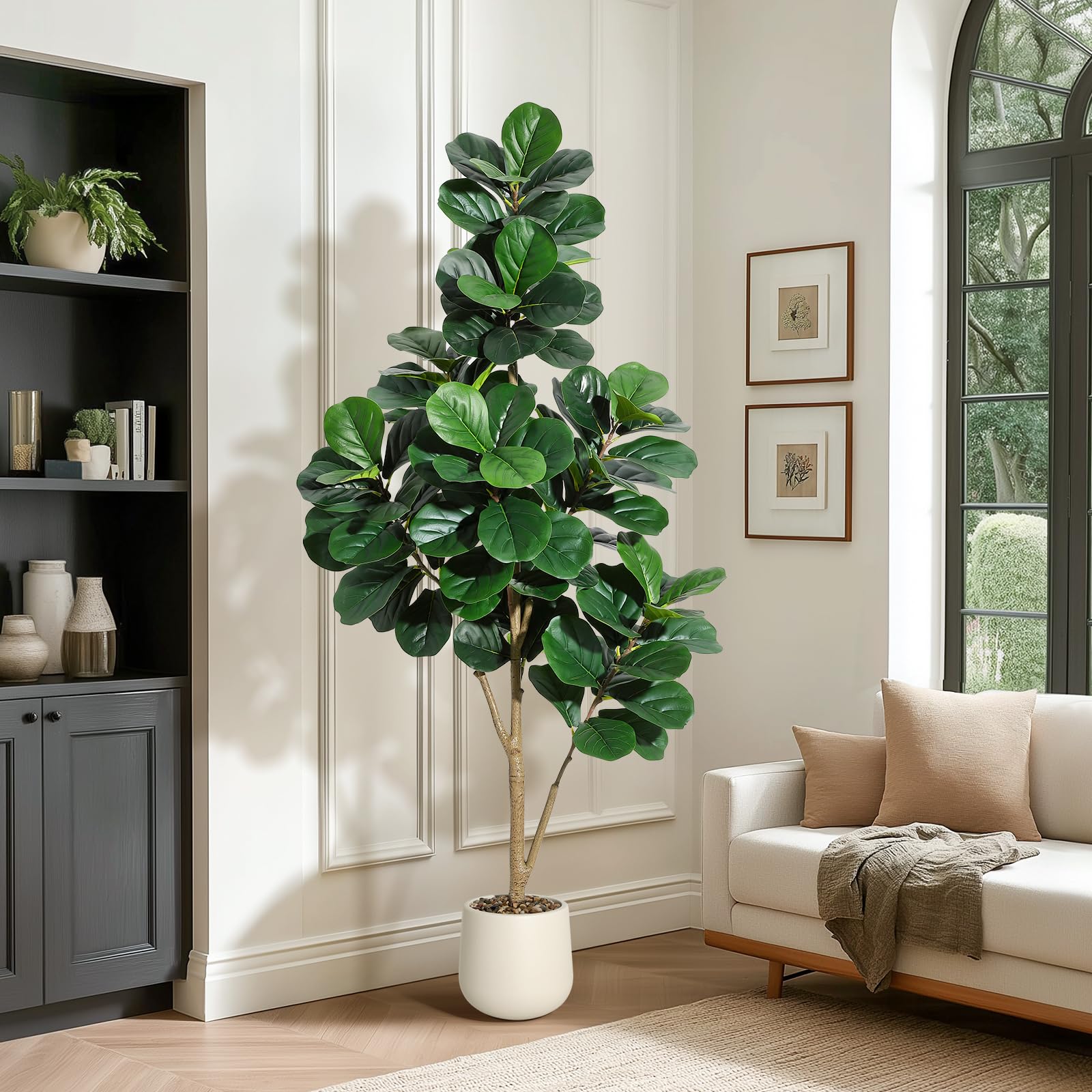 Ficus lyrata artificiel Garvee de 1,8 m (6 pi) avec 108 feuilles, pot blanc de 23 cm (9 po), pour salon et bureau, facile d'entretien