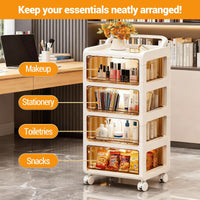 Organiseur mobile Garvee en plastique transparent, avec 4 tiroirs empilables, roulettes pivotantes à 360° avec frein, ergonomique et léger, idéal pour le bureau. Dimensions : 33 x 38 x 71 cm.
