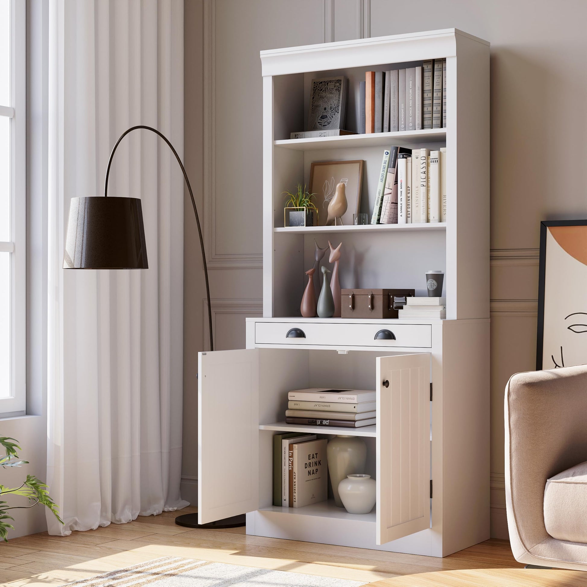 Garvee bibliothèque de 180 cm de haut avec tiroir, 5 niveaux, étagères réglables, bois, portes à persiennes, blanche, pour salon et bureau, robuste et polyvalente