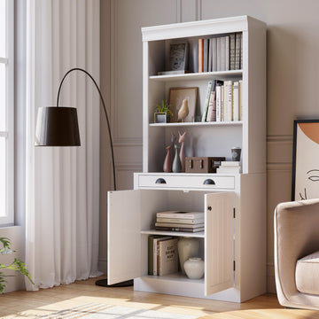 Garvee bibliothèque de 180 cm de haut avec tiroir, 5 niveaux, étagères réglables, bois, portes à persiennes, blanche, pour salon et bureau, robuste et polyvalente