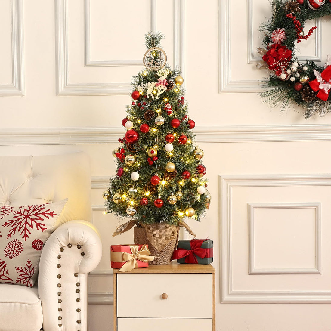Sapin de Noël Garvee 95 cm avec 70 LED – Sapin artificiel avec base en jute pour petits espaces