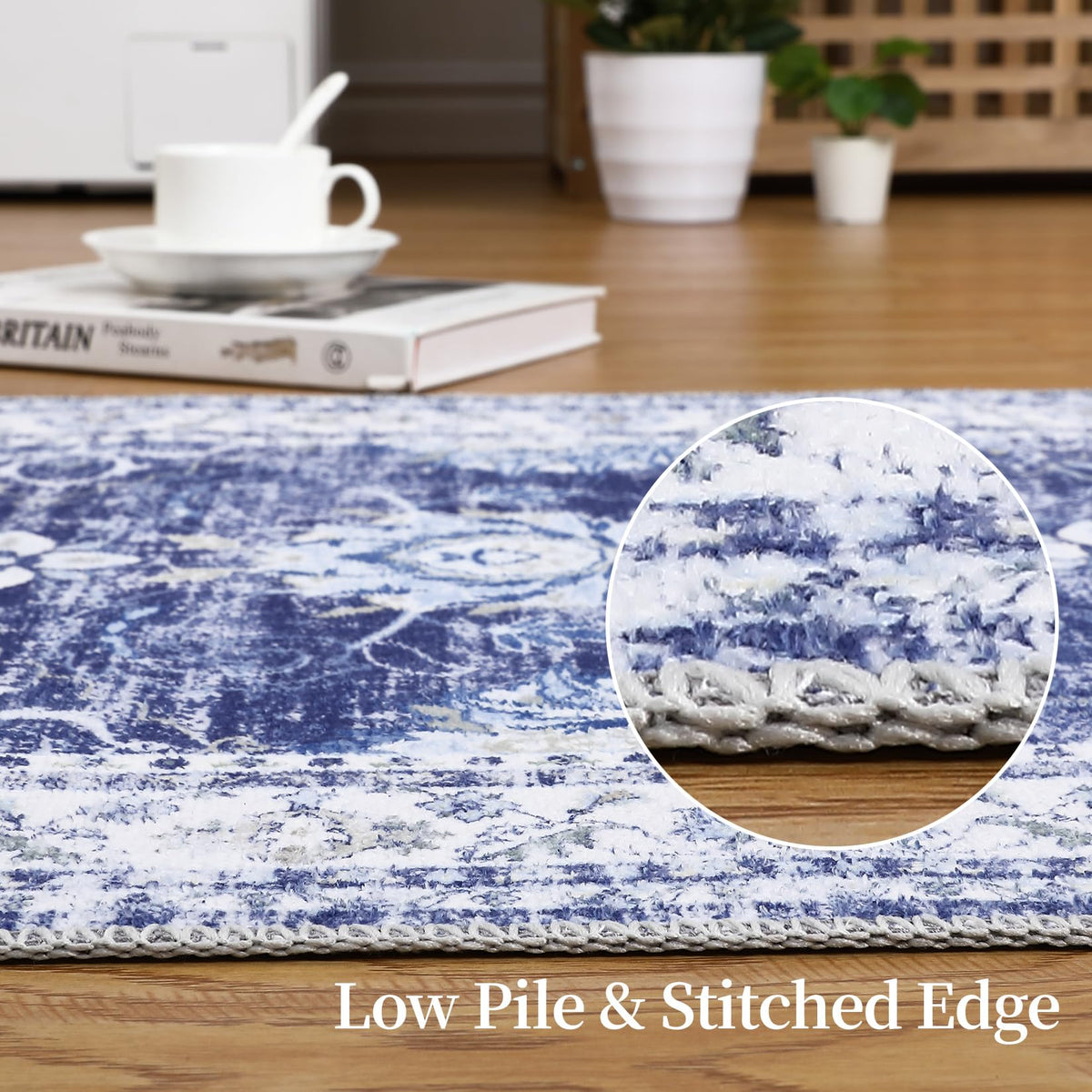Tapis vintage Garvee, motif oriental, antidérapant, antitache, lavable, poils courts, 160 x 230 cm, bleu marine, salon, cuisine