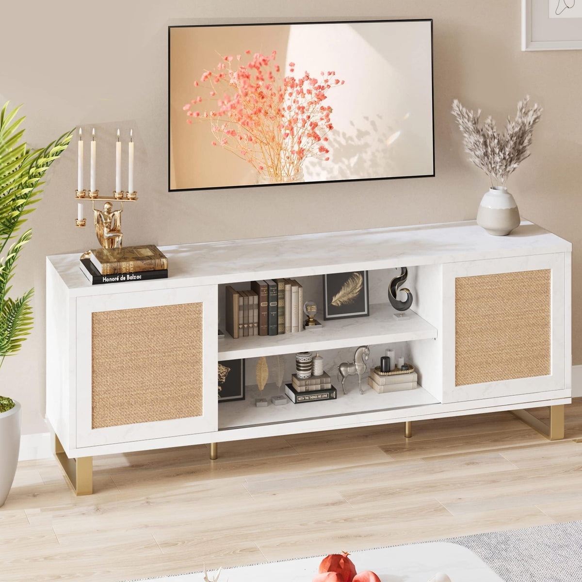 Garvee Meuble TV en rotin blanc moderne 168 cm avec rangement, portes en rotin, pieds dorés pour salon et chambre