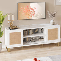 Garvee Meuble TV en rotin blanc moderne 168 cm avec rangement, portes en rotin, pieds dorés pour salon et chambre