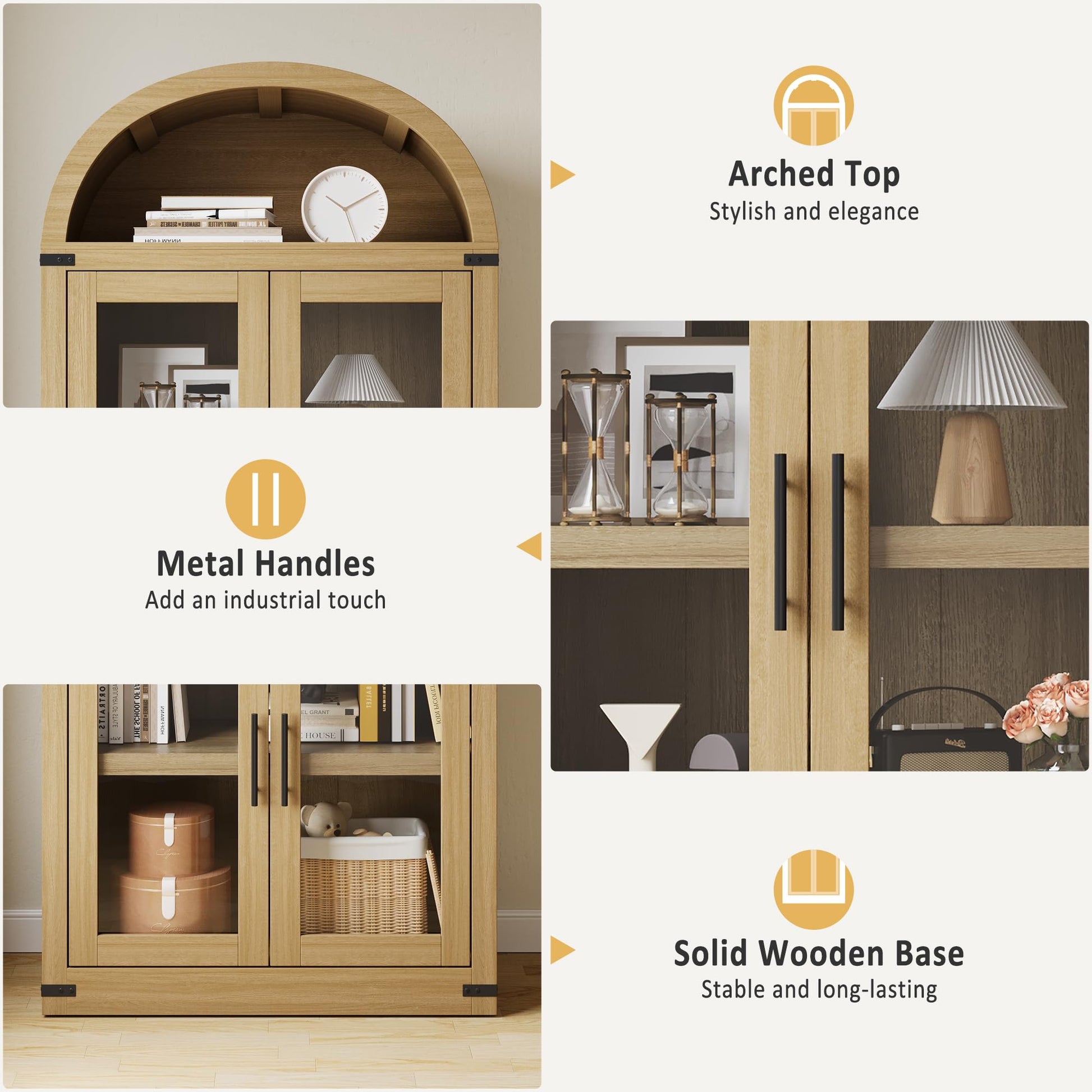 Garvee Bibliothèque Arquée avec Portes en Verre, Armoire de Rangement Style Campagne en MDF, 181,2 cm, pour Salon et Bureau