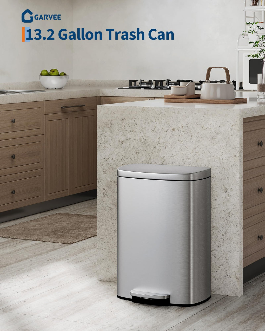 Ensemble de poubelles Garvee 13 gal et 2,6 gal en acier inoxydable avec couvercle à fermeture douce pour la cuisine et la salle de bain, argenté, poignée ergonomique