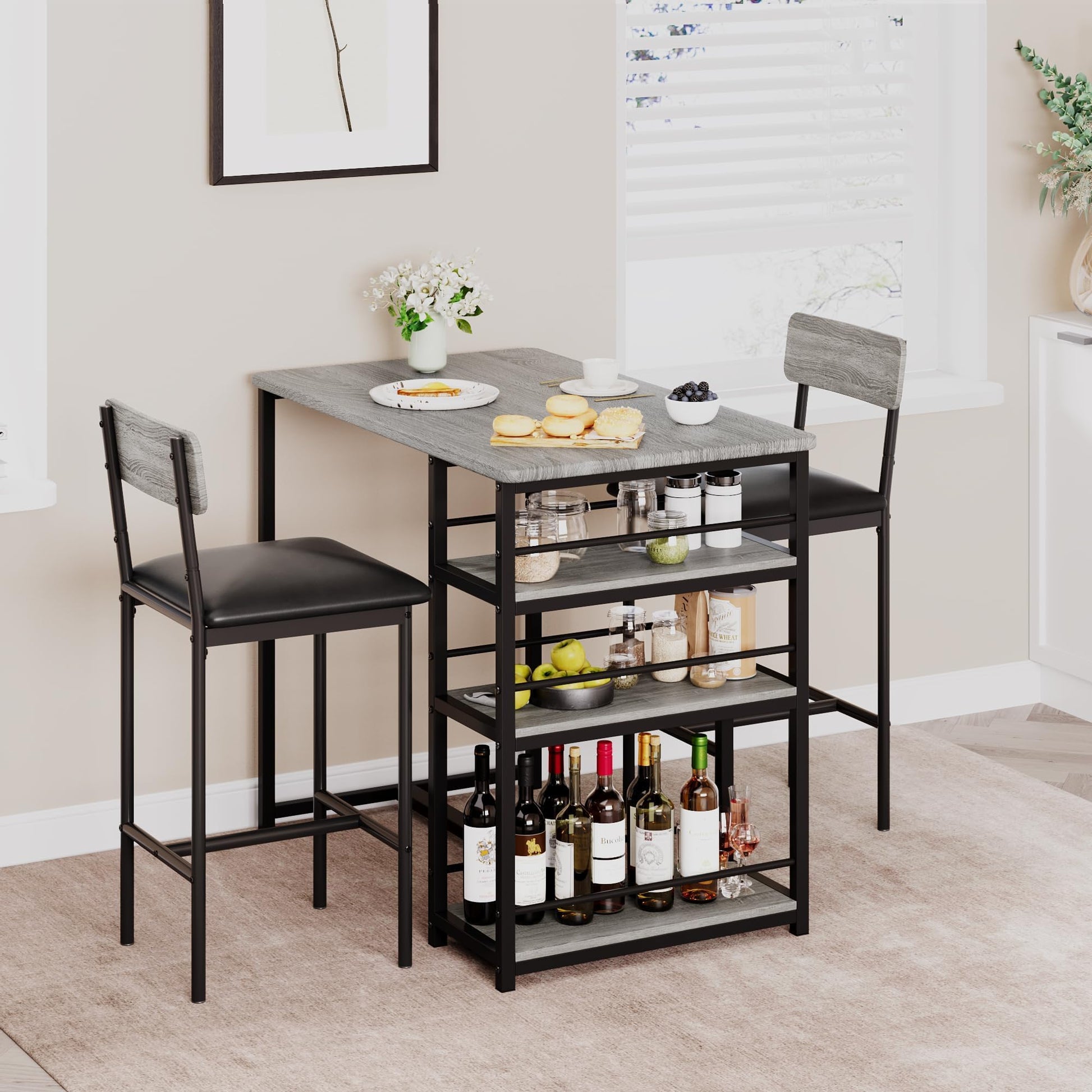 Garvee Ensemble table de bar avec 2 chaises rembourrées et 3 étagères de rangement, pour petits espaces et appartement, gris