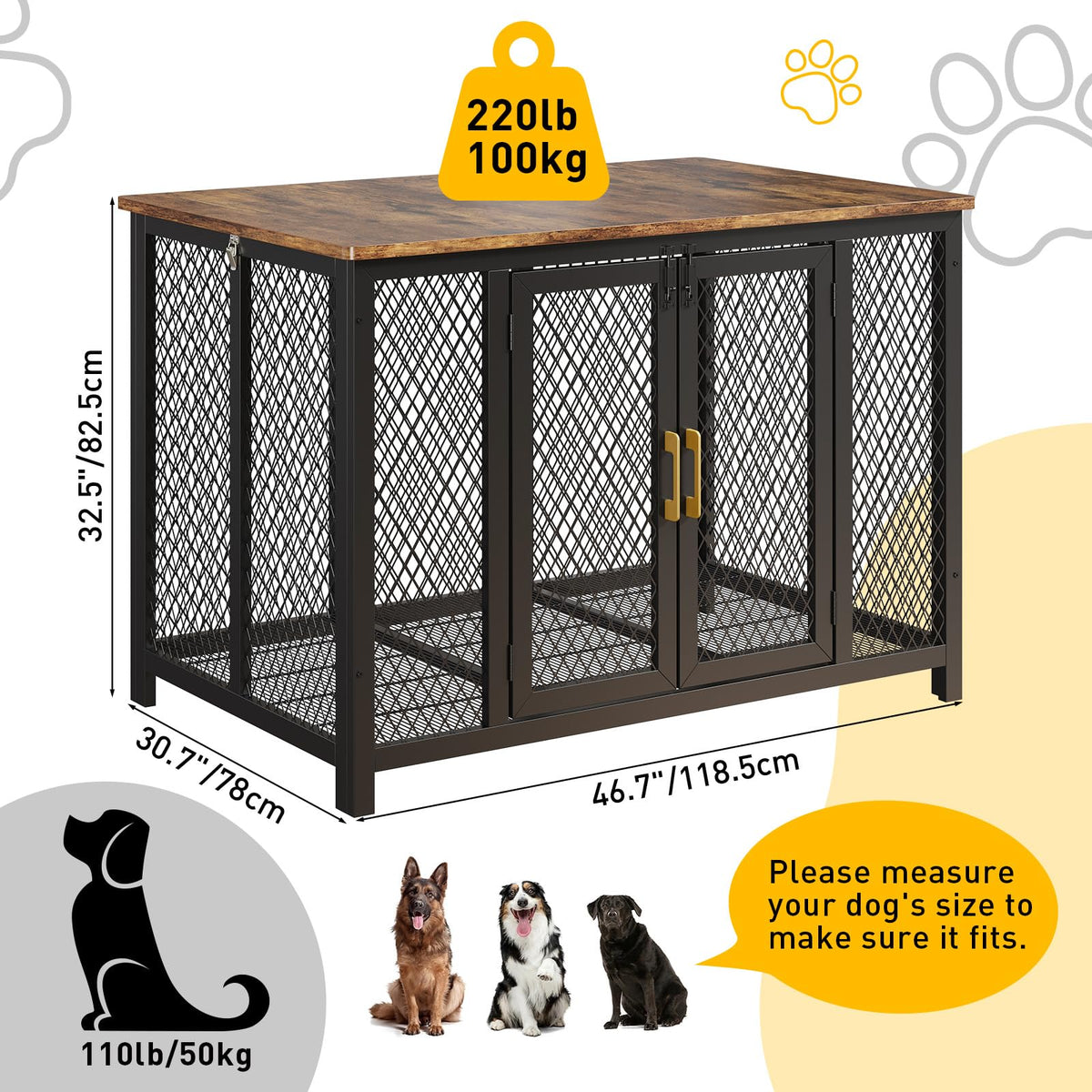 Garvee Cage pour chien 122 cm style meuble avec porte supérieure, structure robuste en bois et métal, design intérieur élégant, indestructible, adaptée aux chiens petits, moyens et grands.