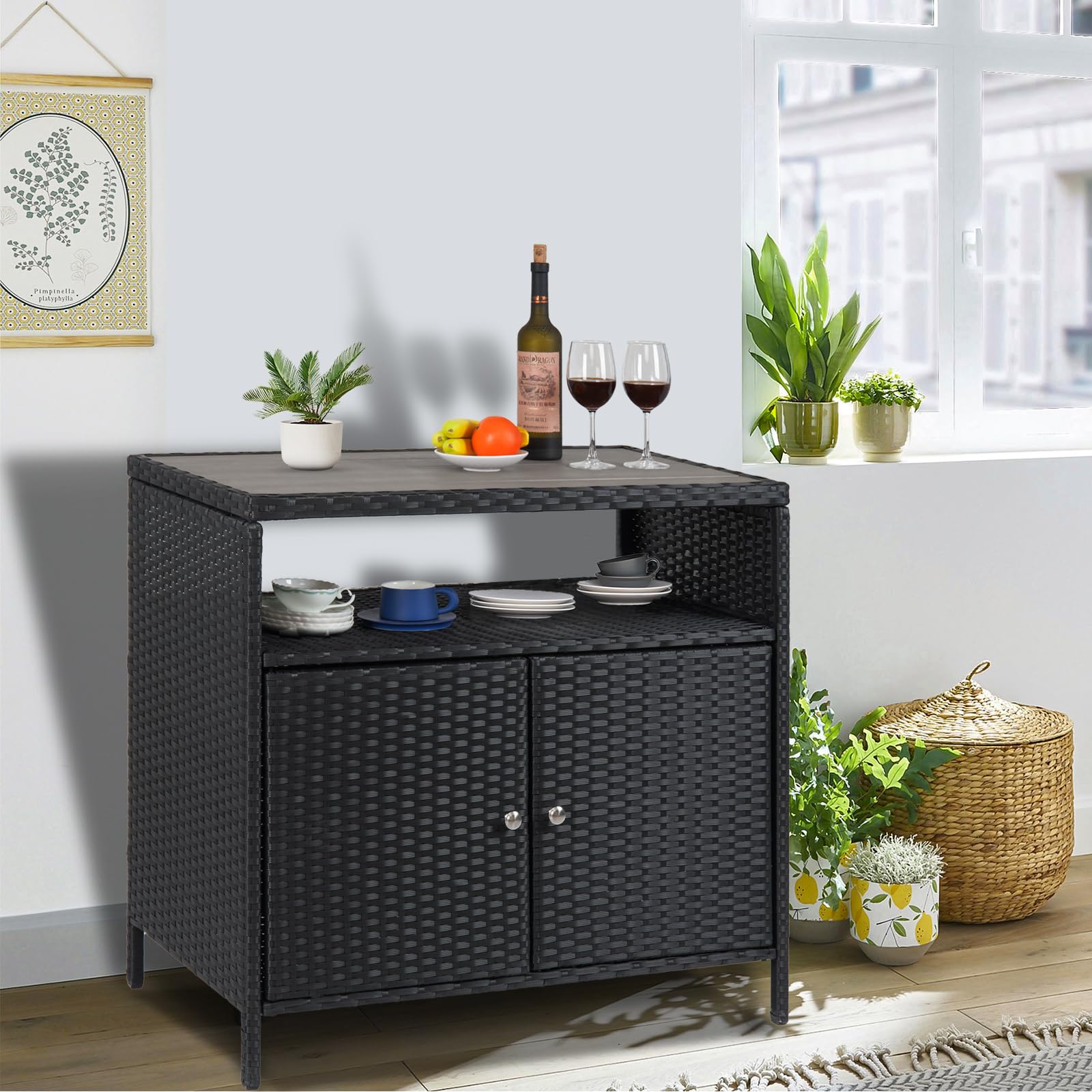Armoire de rangement d'extérieur Garvee en résine tressée avec étagère, résistante aux intempéries, table en aluminium, 2 portes, fermeture magnétique, grise, pour jardin et terrasse