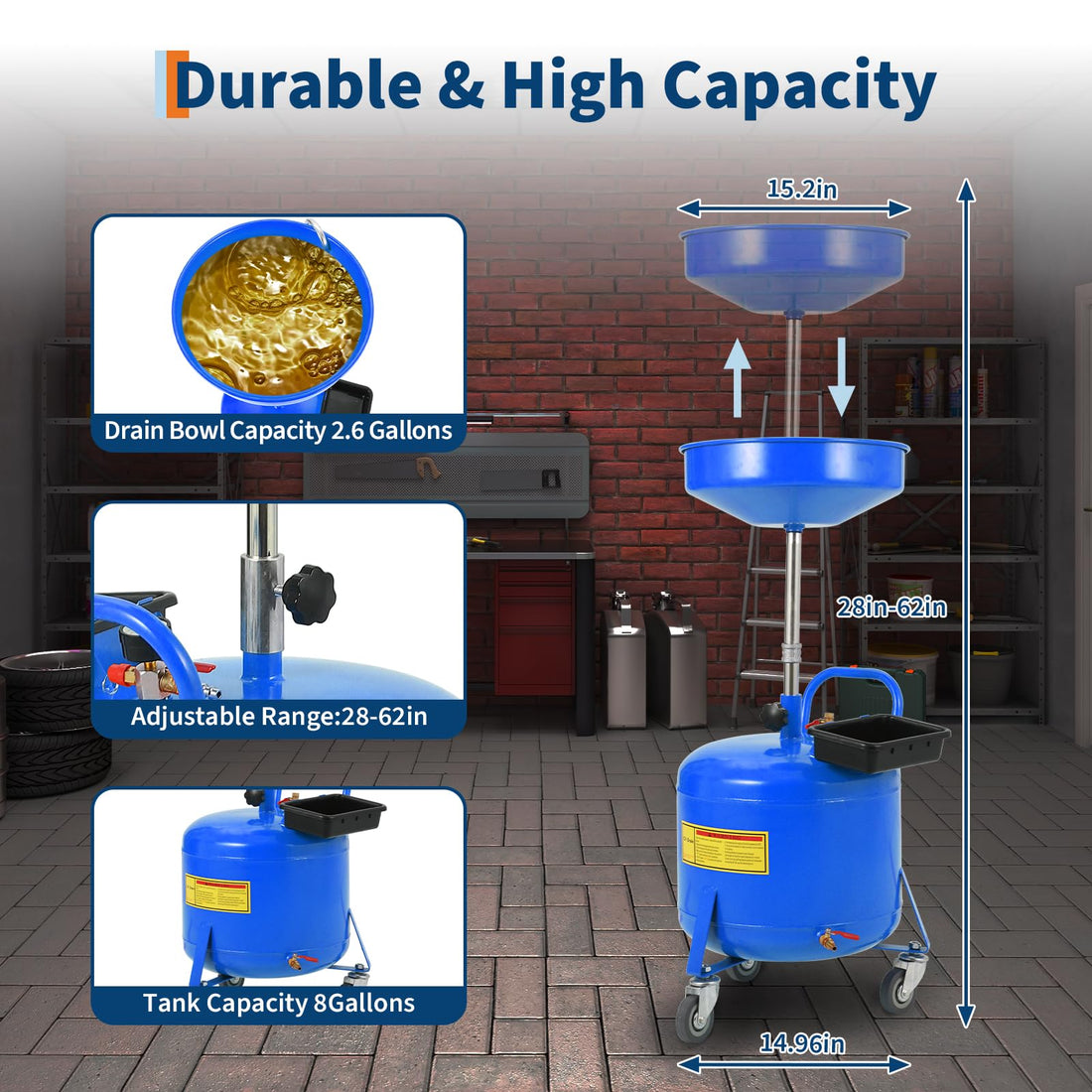 Garvee Bac de vidange d’huile 30 L avec entonnoir 38 cm, hauteur réglable 71–157 cm, roues robustes antirouille, boîte à outils intégrée, bleu, réparation auto