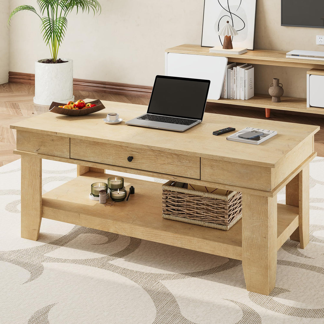Table basse Garvee grand format avec tiroir, pieds en L, bois, 120 cm de long, salon, étagère ouverte, rangement