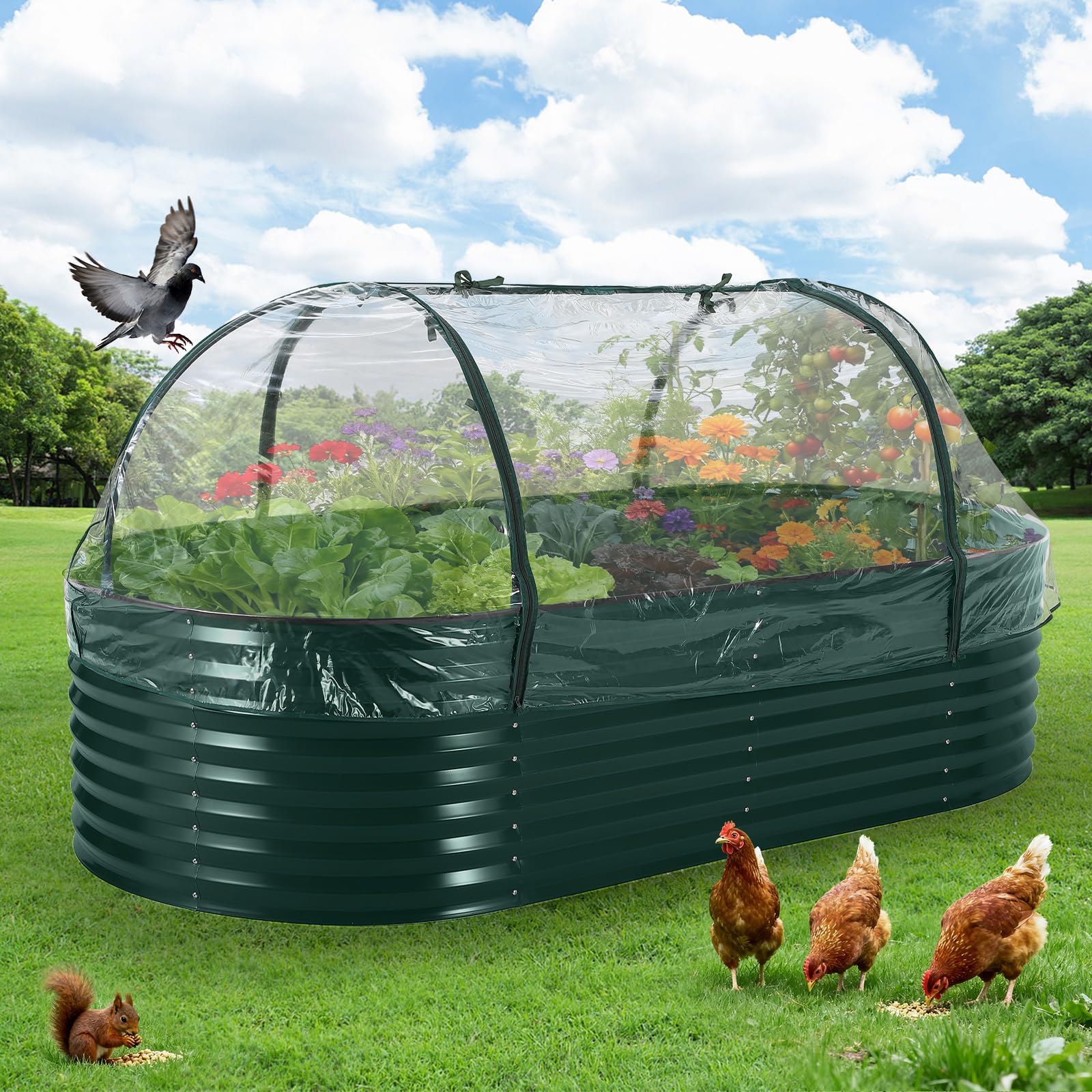 Jardinière surélevée en métal renforcé Garvee avec filet de protection anti-oiseaux pour jardin et terrasse, en acier galvanisé, gants et housse en PVC inclus, résistante aux intempéries