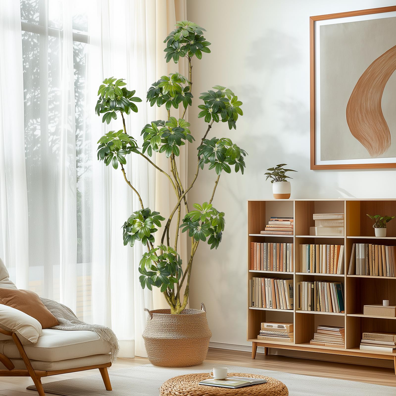 Arbre artificiel d'intérieur Garvee de 2,13 m (7 pi) de haut, à plusieurs tiges, avec parasol et pot en PE blanc. Stable et facile d'entretien. Idéal pour la maison et le bureau.