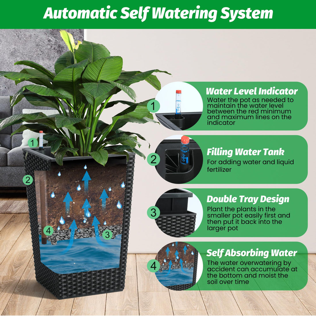 Garvee Ensemble de jardinières 40 cm en rotin avec indicateur de niveau d'eau et roulettes, blanc résistant aux intempéries, déco pour terrasse et salon