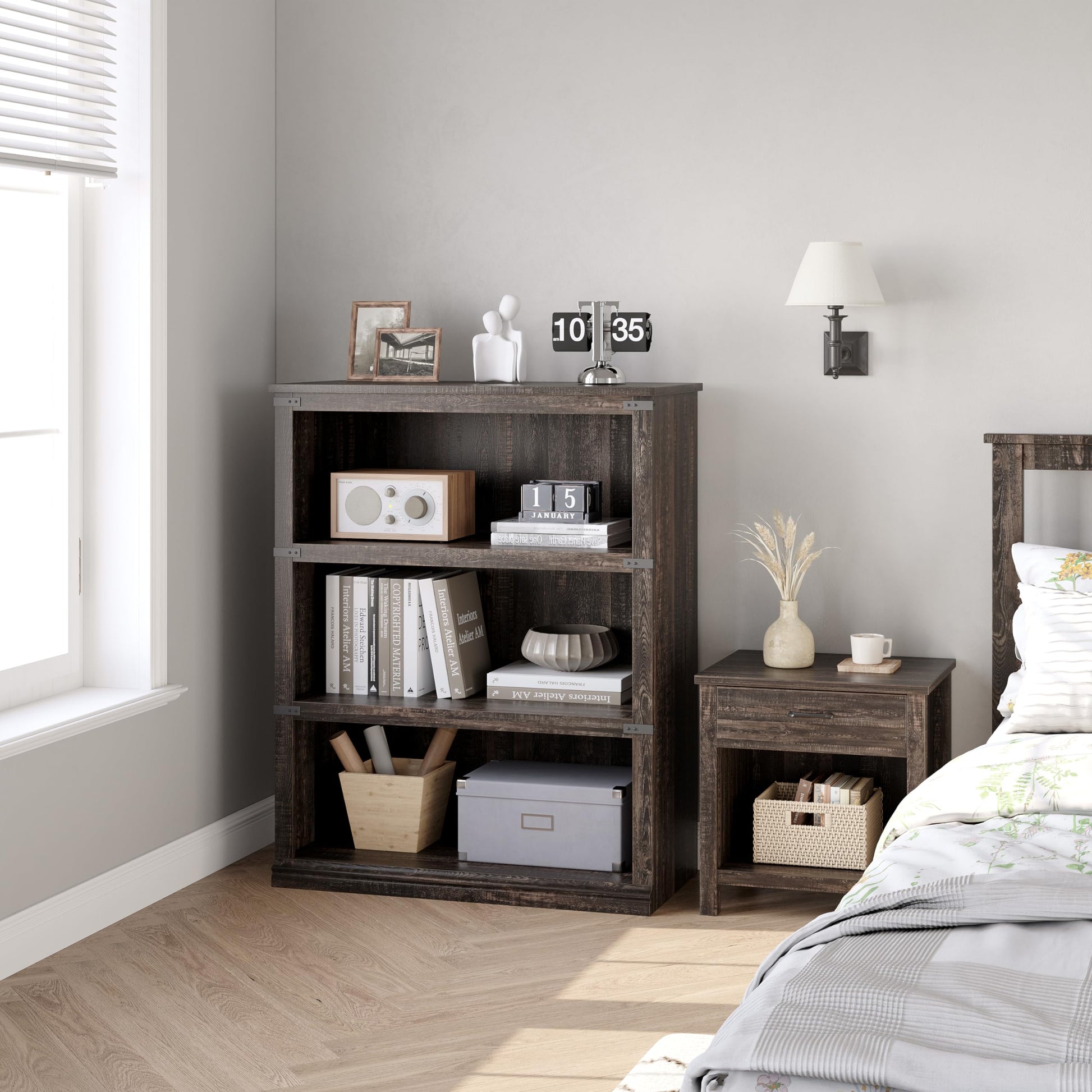 Garvee bibliothèque basse 80 × 31 × 102 cm, 4 niveaux ouverts, finition chêne, style industriel